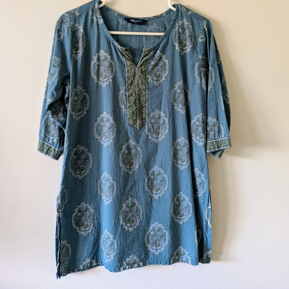 India Nayo Blue Patterned Tunic Sz L